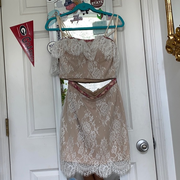 Sherri Hill lace and pink beaded two piece dress - Picture 1 of 4